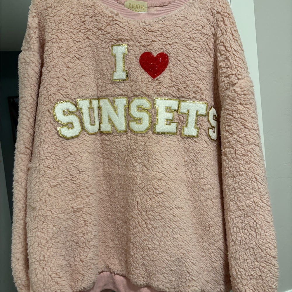 Judith March Pink Sherpa Crewneck with Gold Logo Tag